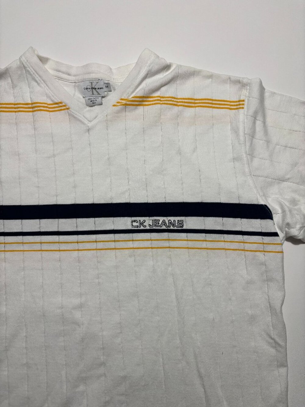 Calvin Klein Jeans White Navy & Yellow Striped Short Sleeve Cotton T-Shirt
